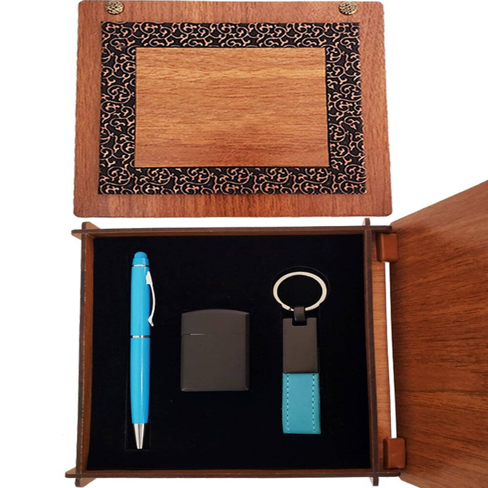 Ahşap Kutulu Çakmak ve Mavi Kalem Anahtarlık Set - 1