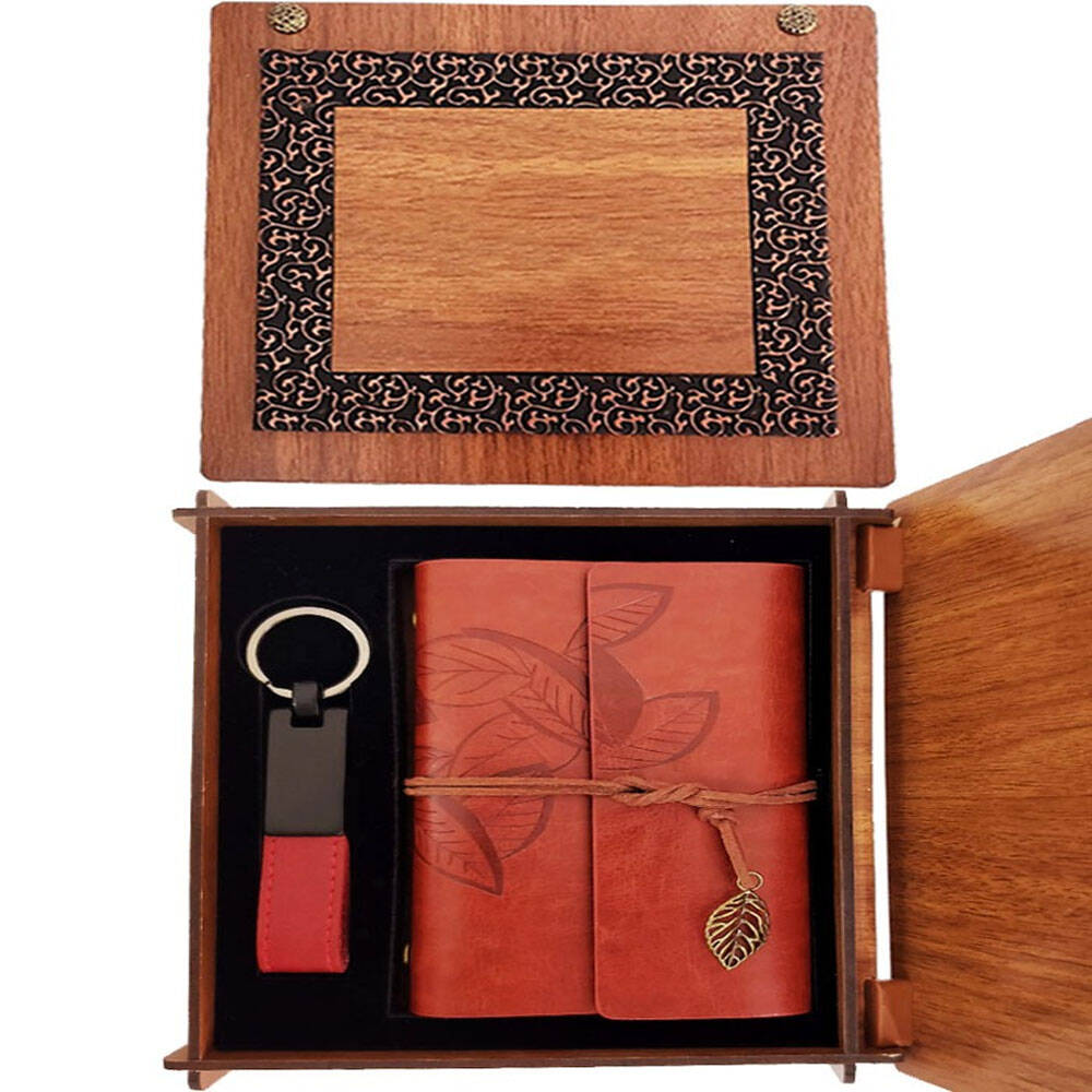 Ahşap Kutulu Kahve Deri Defter ve Anahtarlık Set - 1