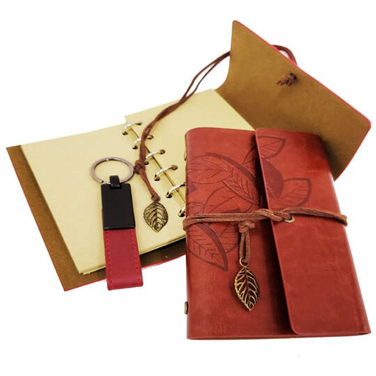 Ahşap Kutulu Kahve Deri Defter ve Anahtarlık Set - 2