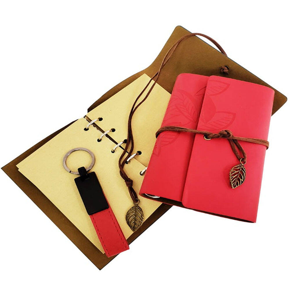 Ahşap Kutulu Kırmızı Deri Defter ve Anahtarlık Set - 2