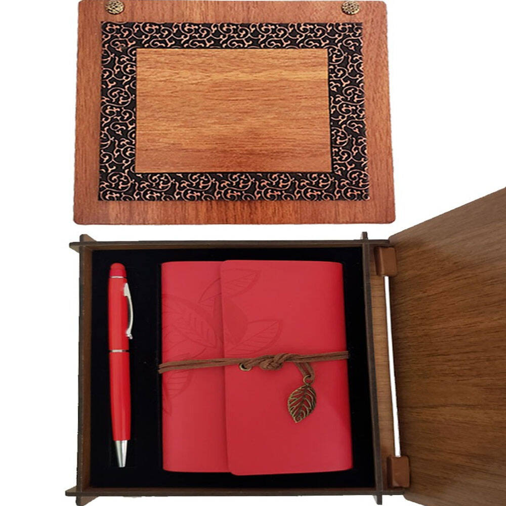 Ahşap Kutulu Kırmızı Deri Defter ve Metal Kalem Set - 1
