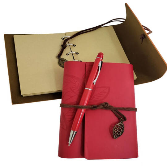 Ahşap Kutulu Kırmızı Deri Defter ve Metal Kalem Set - 2