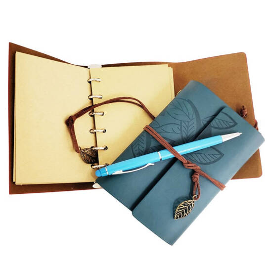 Ahşap Kutulu Mavi Deri Defter Kalem Seti - 2