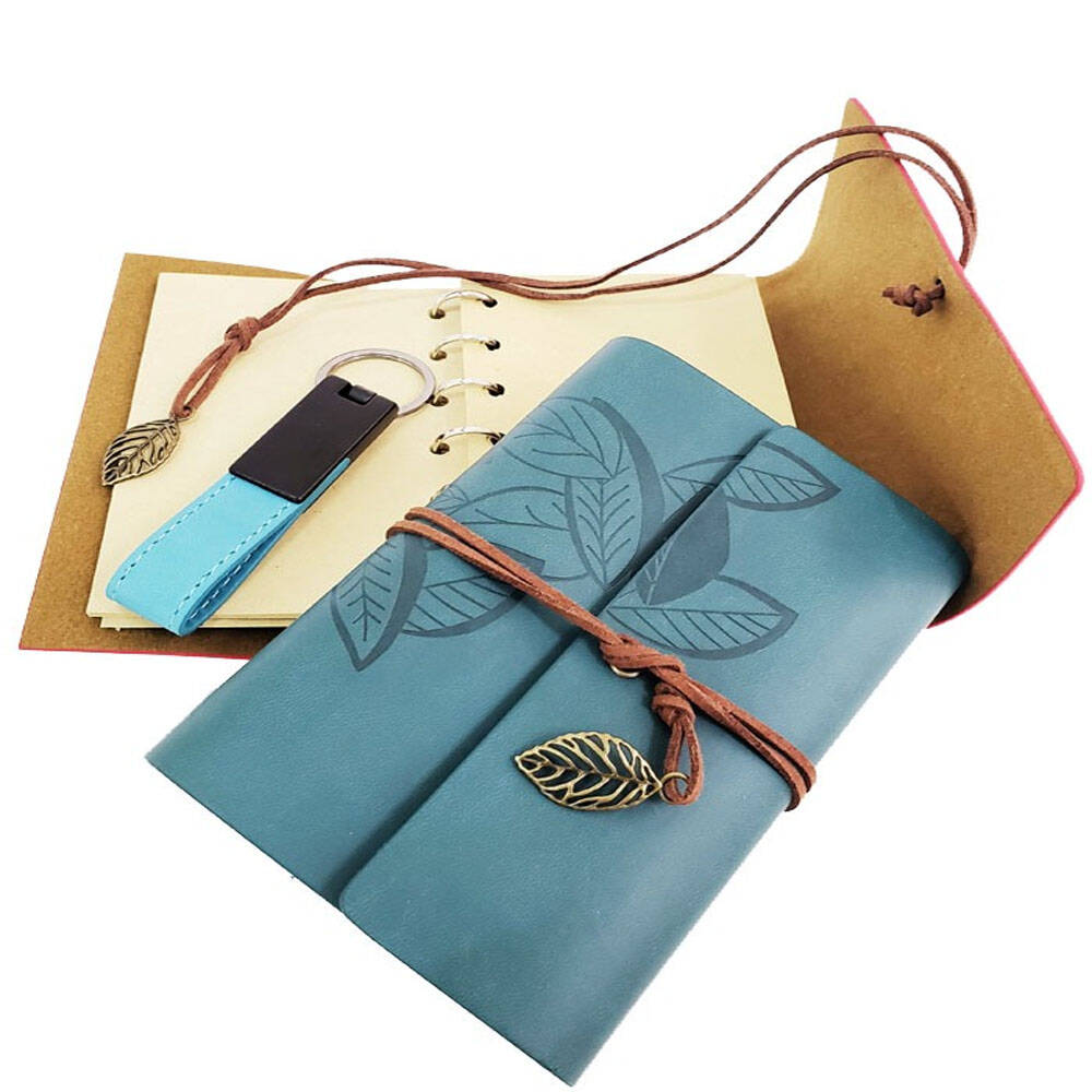 Ahşap Kutulu Mavi Deri Defter ve Anahtarlık Set - 2