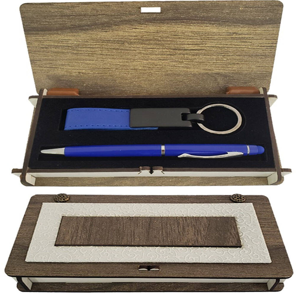 Ahşap Kutulu Mavi Kalem Anahtarlık Set - 1