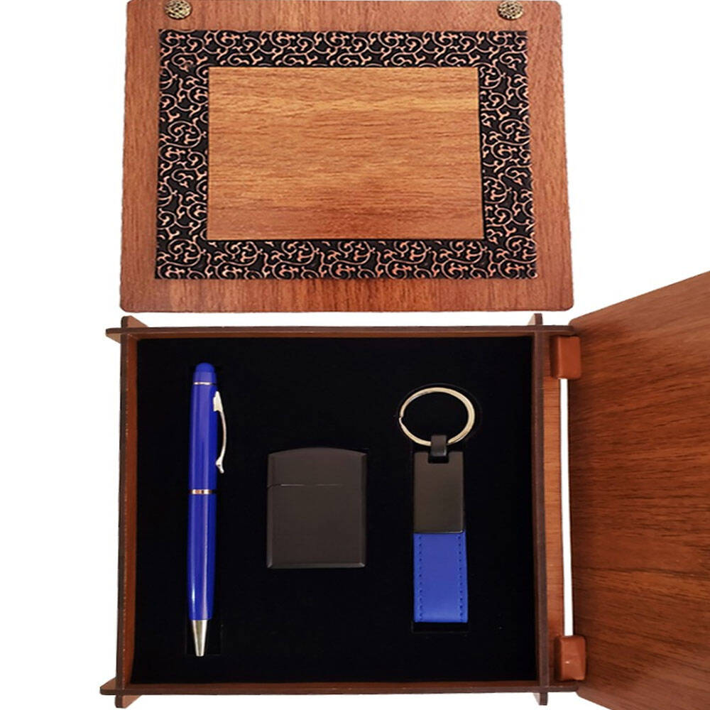 Ahşap Kutulu Mavi Kalem Anahtarlık ve Çakmak Set - 1