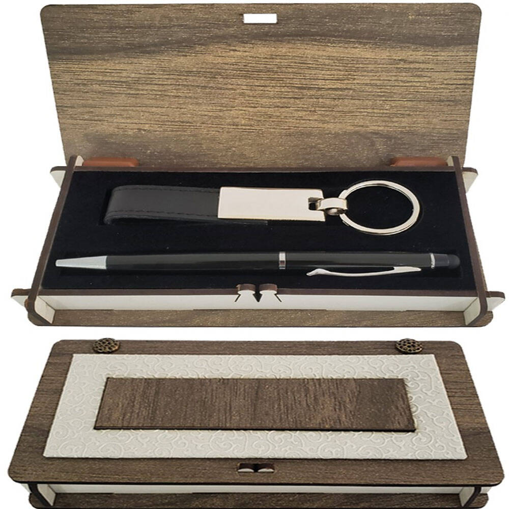 Ahşap Kutulu Siyah Anahtarlık ve Kalem Set - 1