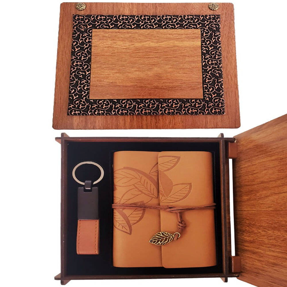Ahşap Kutulu Taba Renk Deri Defter Anahtarlık Set - 1