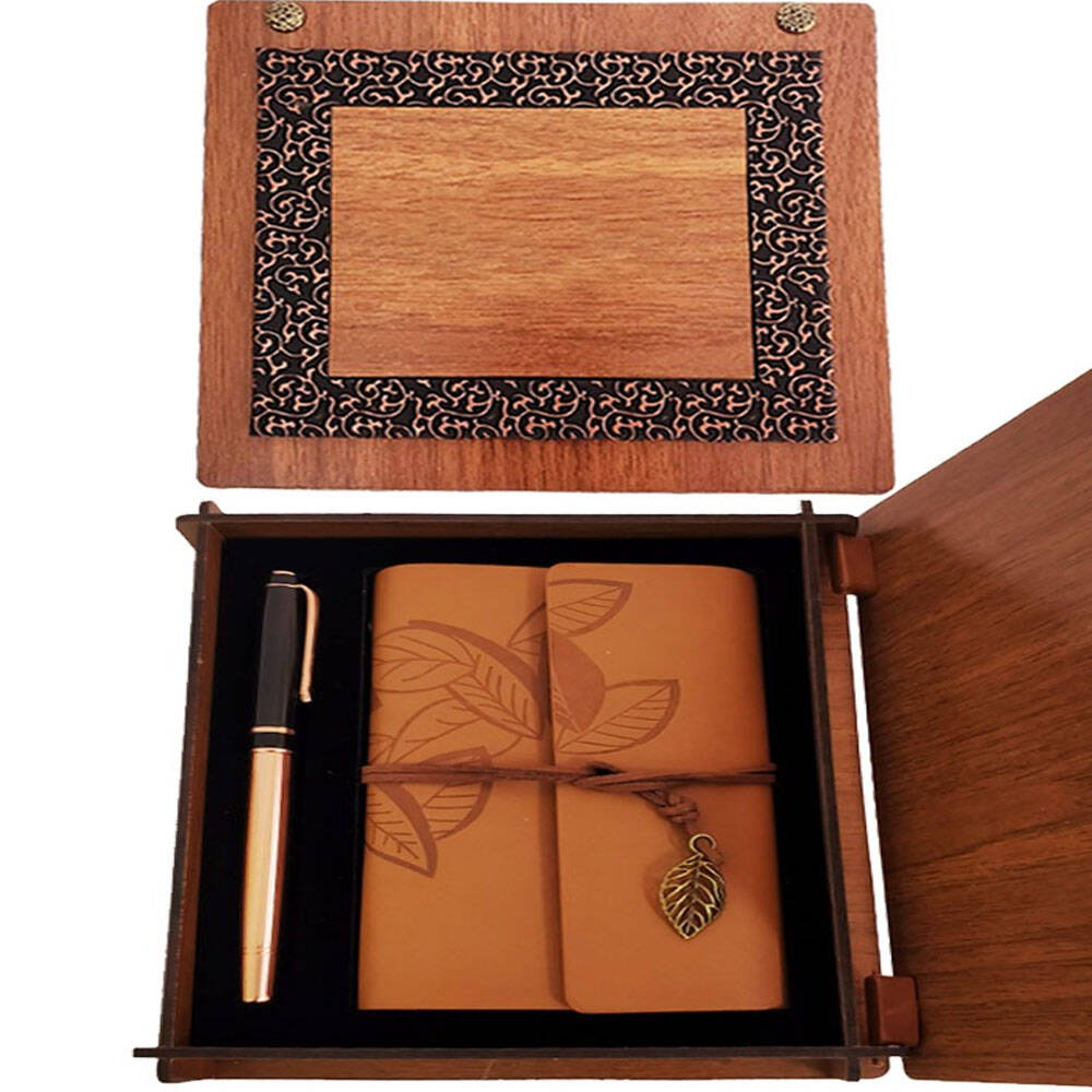 Ahşap Kutulu Taba Renk Deri Defter ve Kalem Set - 1