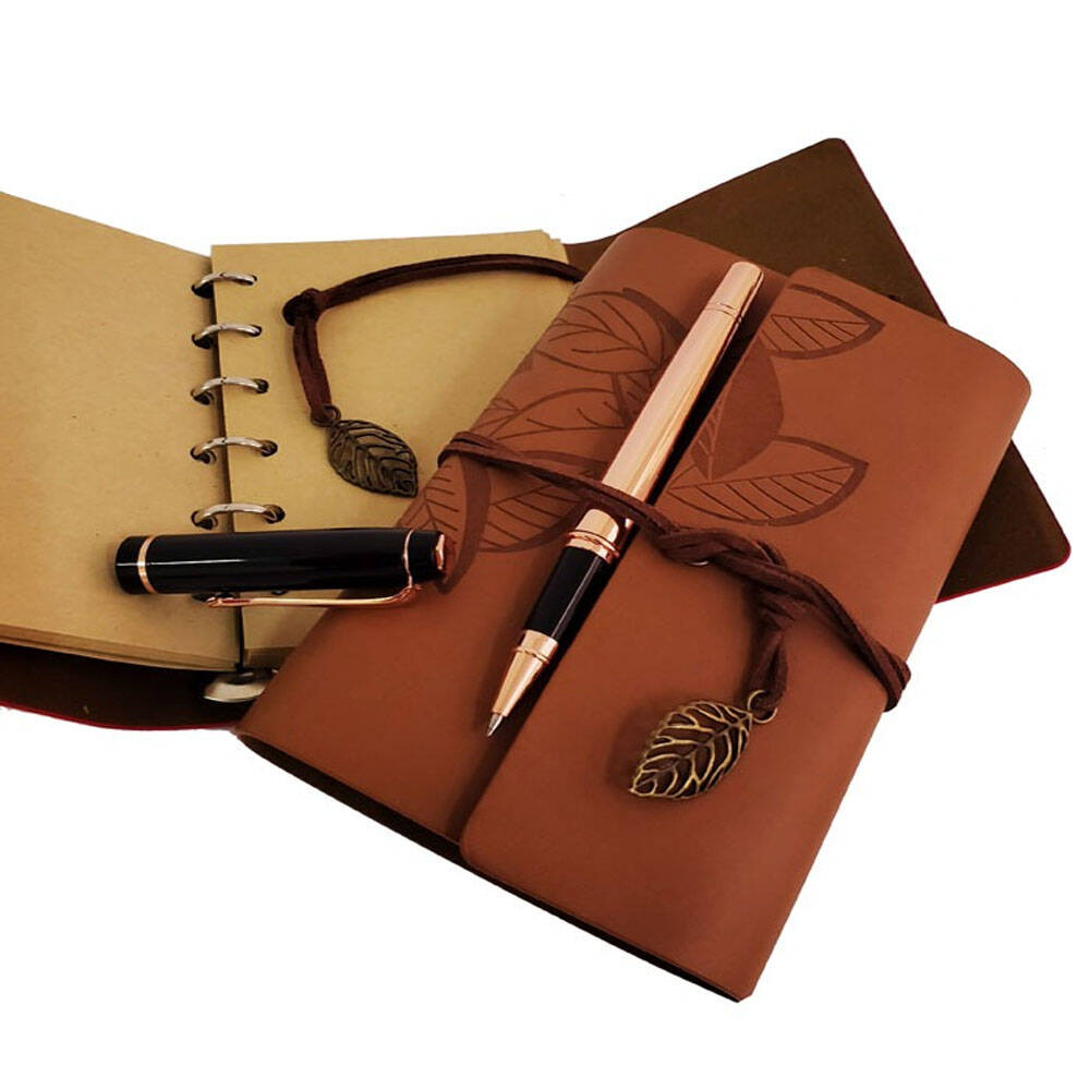 Ahşap Kutulu Taba Renk Deri Defter ve Kalem Set - 2