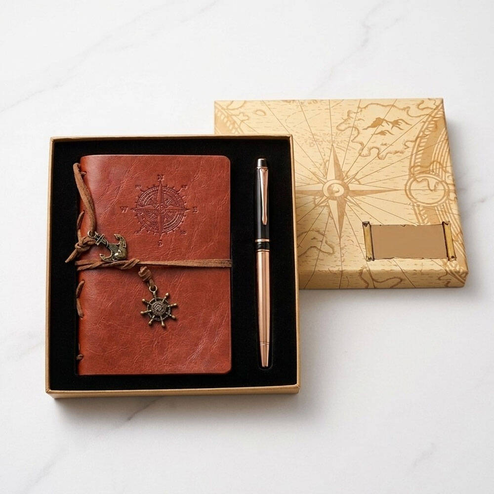 Deri Pusula Tasarımlı Defter Ve Metal Kalem Seti - 1