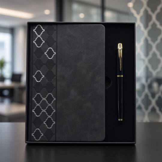 Desenli Siyah Deri Defter Kalem Set