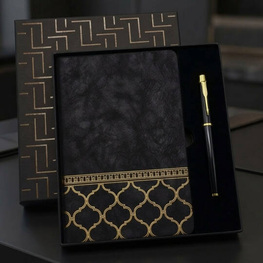 Gold Desen Siyah Deri Defter Kalem Set