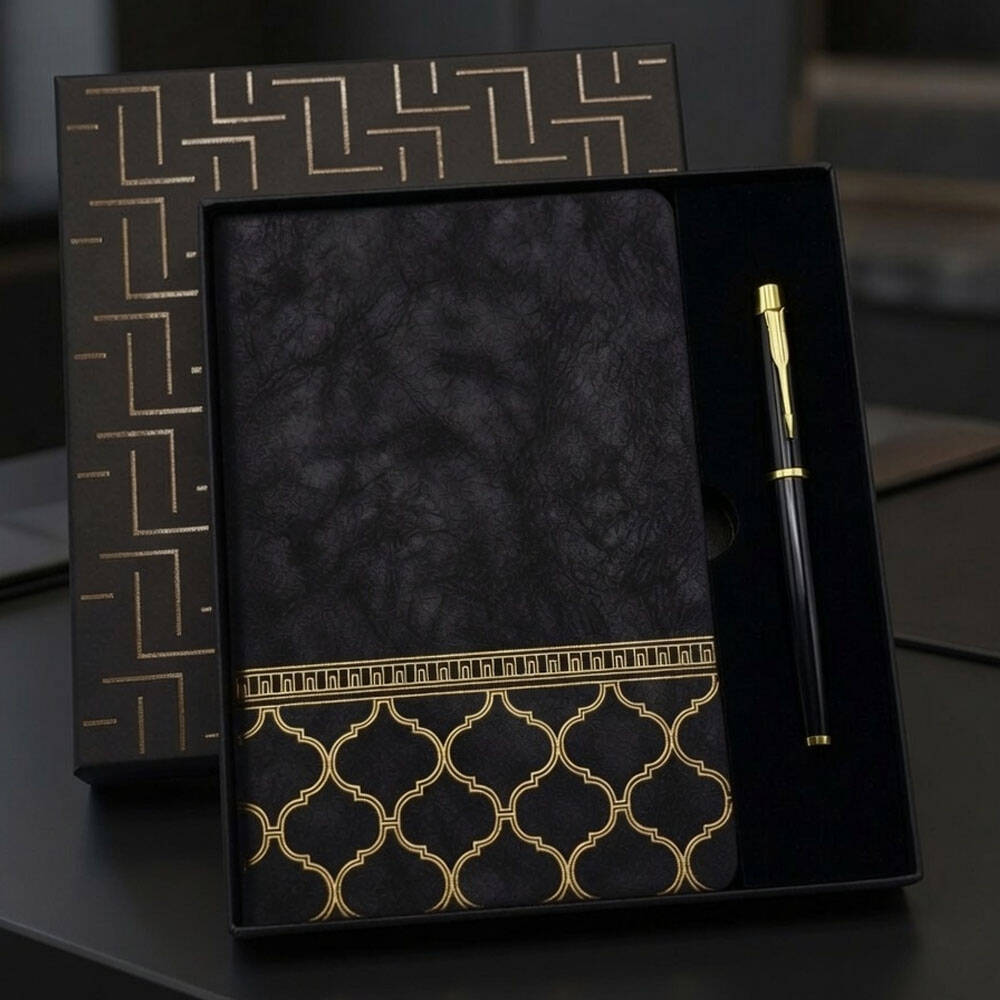 Gold Desen Siyah Deri Defter Kalem Set - 1