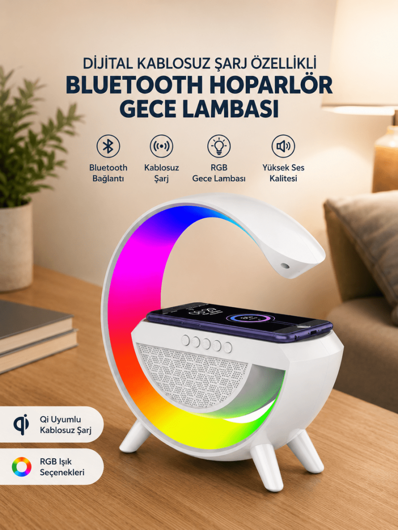 Google Dijital Kablosuz Şarj Özellikli Bluetooth Hoparlör Gece Lambası - 1