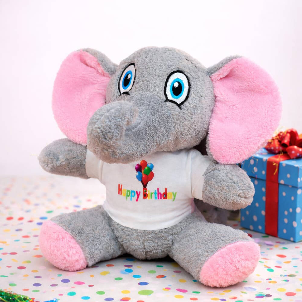 Happy Birthday Tişörtlü Peluş Oyuncak Fil - 1