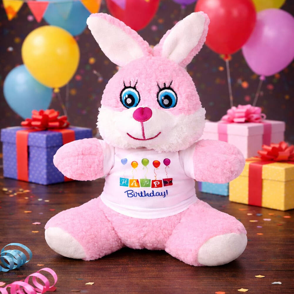 Happy Birthday Tişörtlü Peluş Tavşan - 1