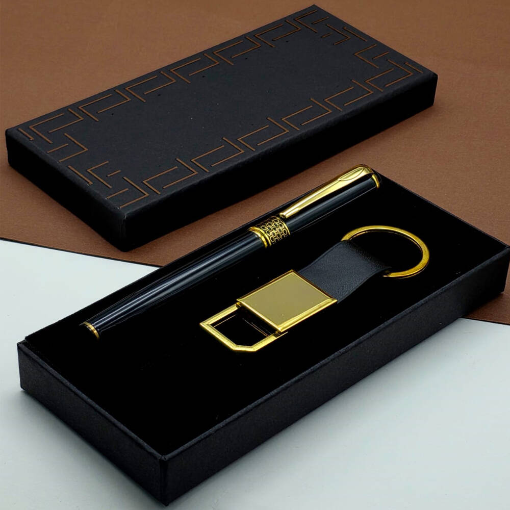 Hediyelik Siyah Kalem Ve Gold Deri Anahtarlık Kutulu Set - 1