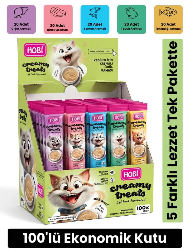 Hobi 5 Çeşit Karışık Krema Kedi Ödül Maması 14 gr x 100 Adet - 1