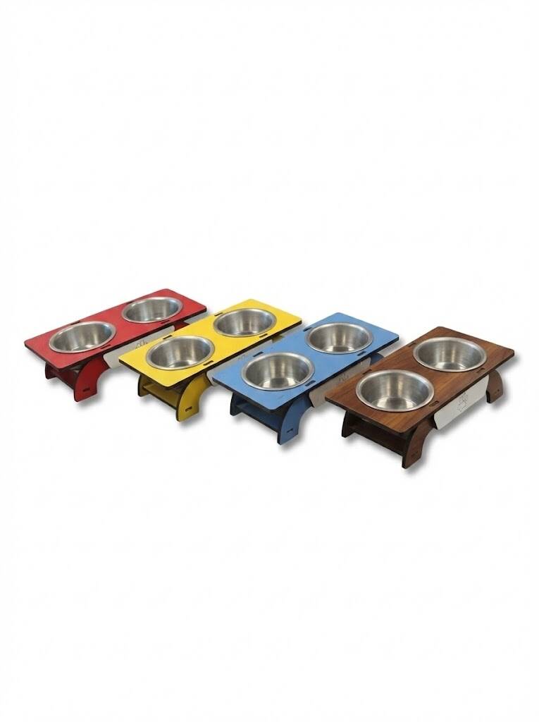 Hobi EF-325 Köşeli Ahşap Ayaklı İkili Metal Kedi Köpek Mama Ve Su Kabı - 1