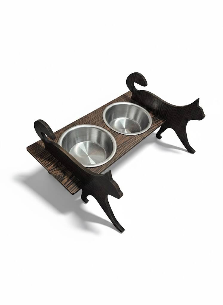 Hobi Kedi Şekilli Ahşap Ayaklı İkili Oval Çelik Mama Kabı (EF320) - 1