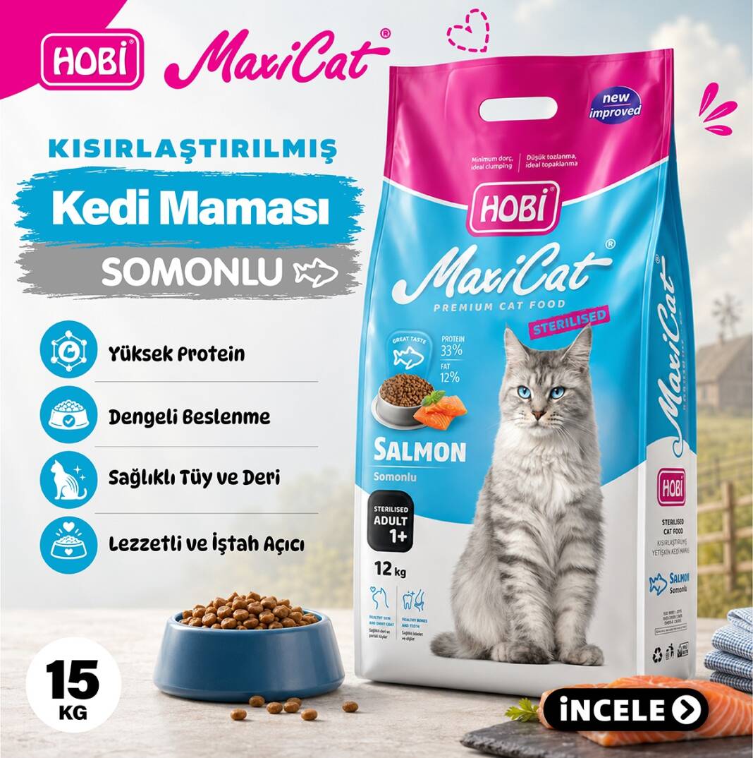 Hobi Maxicat Kısırlaştırılmış Somonlu Kedi Maması 15 Kg - 1