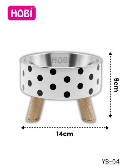 Hobi YB-64 Siyah Puantiyeli Plastik Ayaklı Paslanmaz Çelik Mama Kabı 14 cm