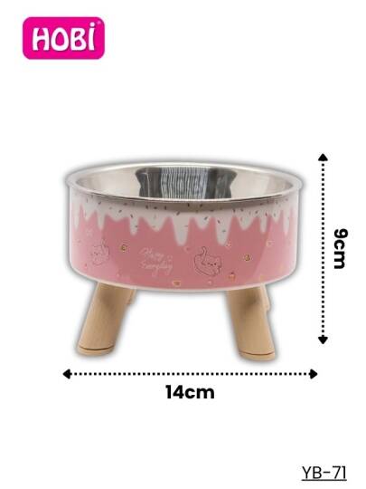 Hobi YB-71 Kedi Desenli Plastik Ayaklı Paslanmaz Çelik Mama Kabı 14 cm