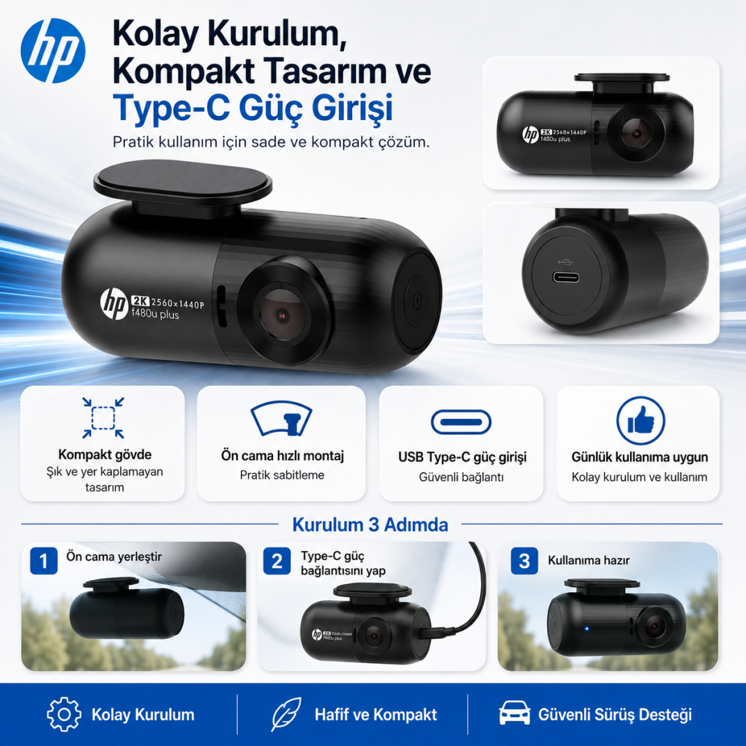 HP F480U Plus 2K WDR, HD, G Sensörlü, Wi-Fi Destekli Araçiçi Kamera - 4