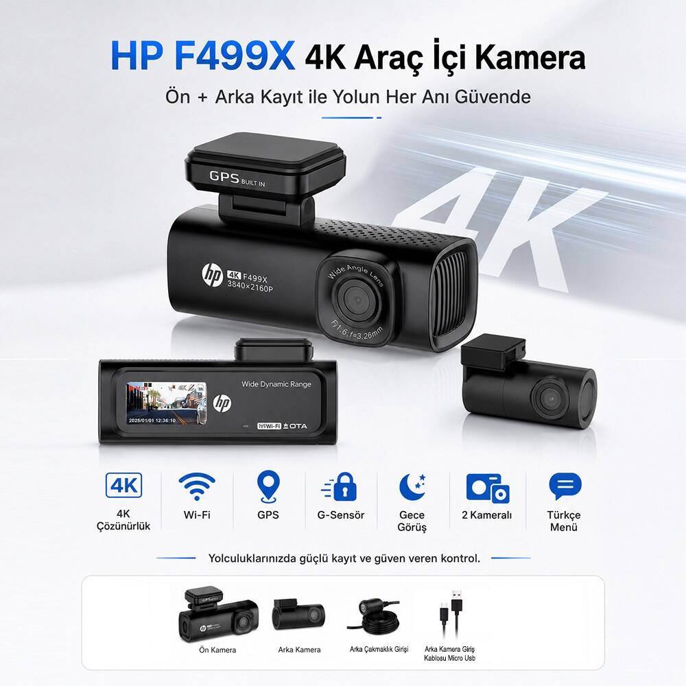 HP F499x 4K Araç İçi Ön & Arka Lcd Ekran Wi-fi Kamera - 7