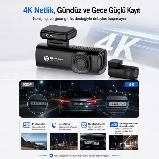 HP F499x 4K Araç İçi Ön & Arka Lcd Ekran Wi-fi Kamera