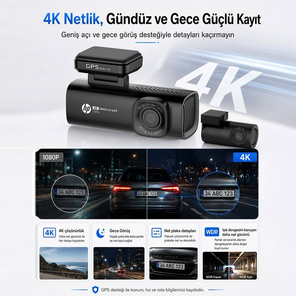 HP F499x 4K Araç İçi Ön & Arka Lcd Ekran Wi-fi Kamera - 1