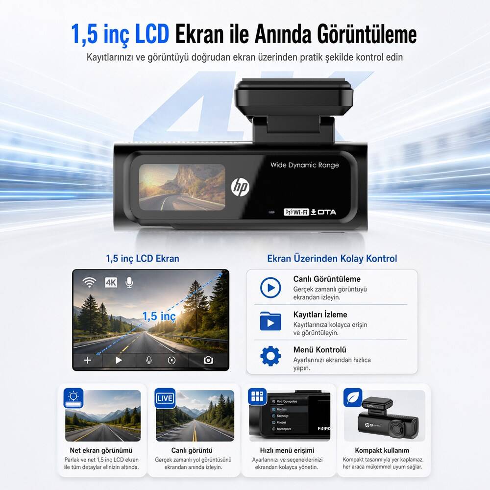 Hp F499x 4K Lcd Ekran Wi-fi Tekli Araç İçi Kamera - 5