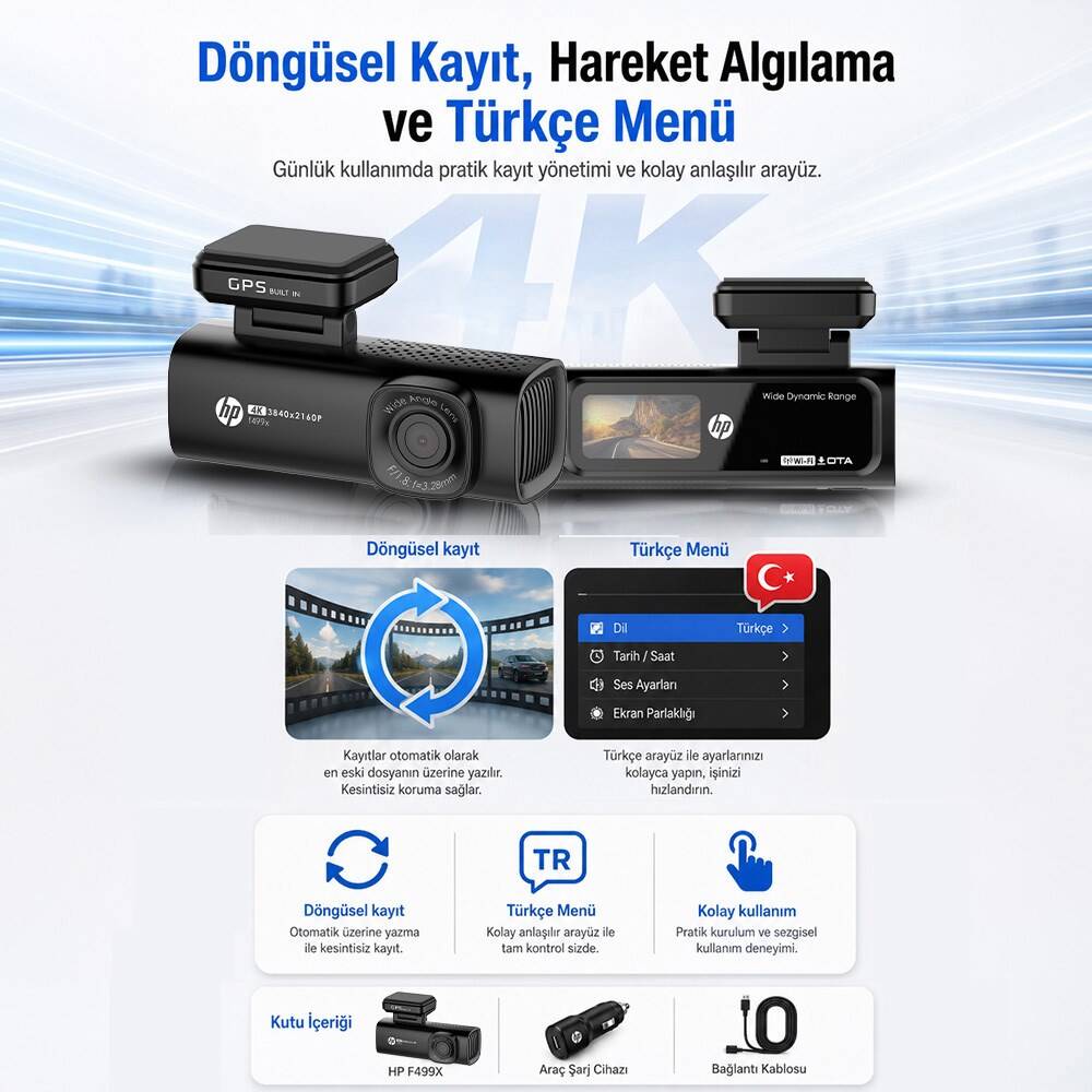 Hp F499x 4K Lcd Ekran Wi-fi Tekli Araç İçi Kamera - 4