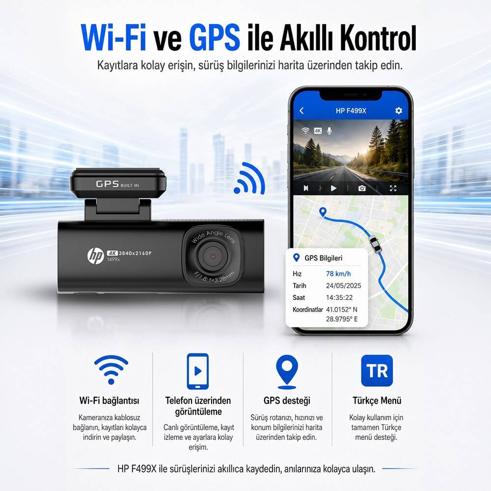 Hp F499x 4K Lcd Ekran Wi-fi Tekli Araç İçi Kamera - 1