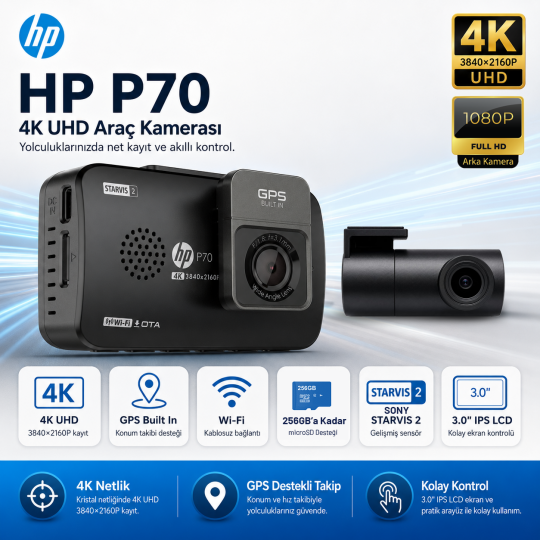 Hp P70 4K Lcd Ekran Wi-fi Ön-Arka Araç İçi Kamera - 6