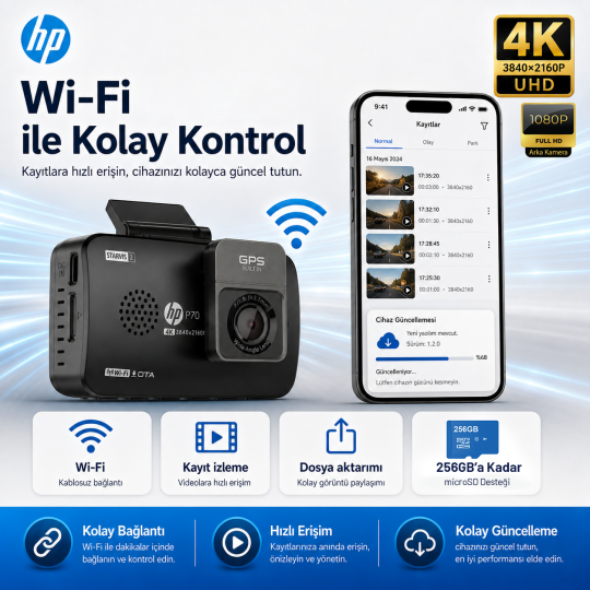 Hp P70 4K Lcd Ekran Wi-fi Ön-Arka Araç İçi Kamera - 3