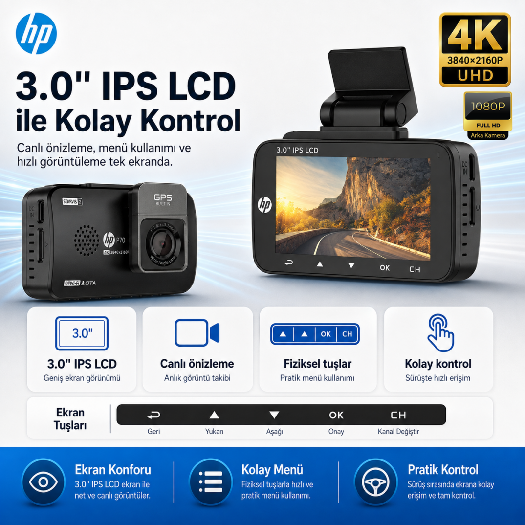 Hp P70 4K Lcd Ekran Wi-fi Ön-Arka Araç İçi Kamera - 2