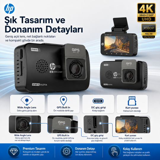 Hp P70 4K Lcd Ekran Wi-fi Ön-Arka Araç İçi Kamera