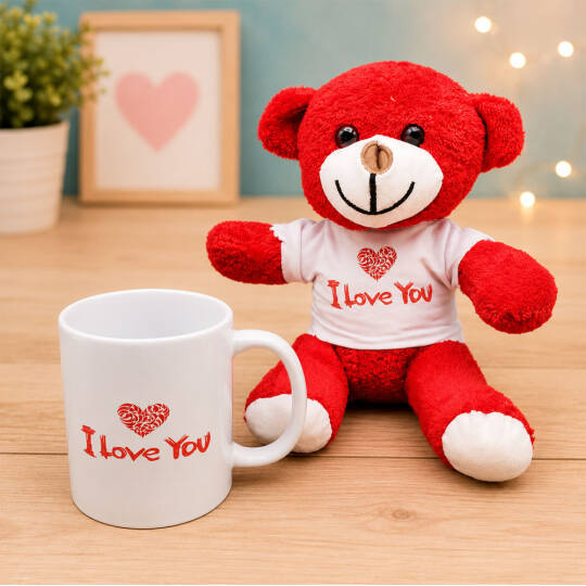 I Love You Baskılı Kupa ve Kırmızı Ayıcık Seti