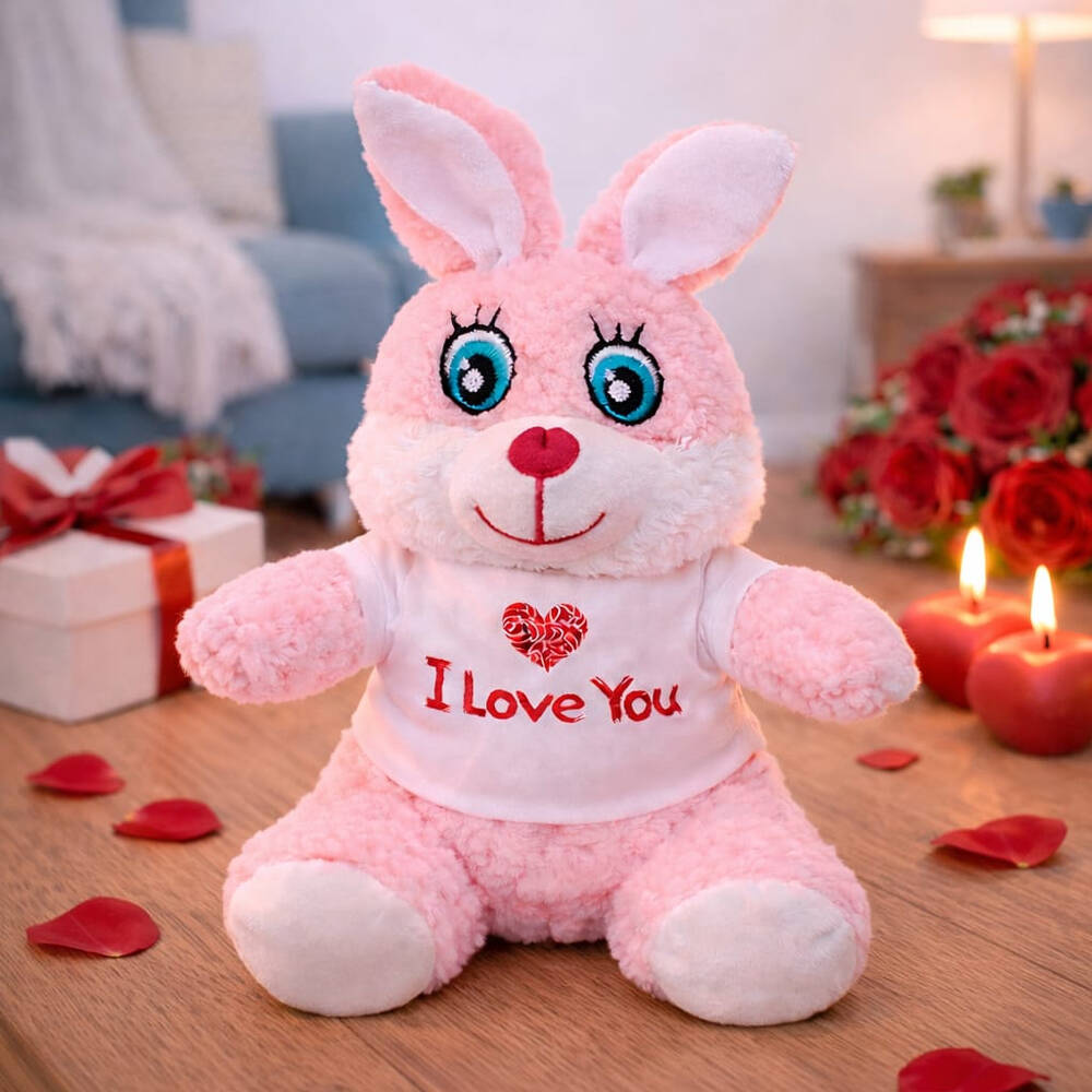 I Love You Tişörtlü Sevimli Pembe Peluş Tavşan - 1