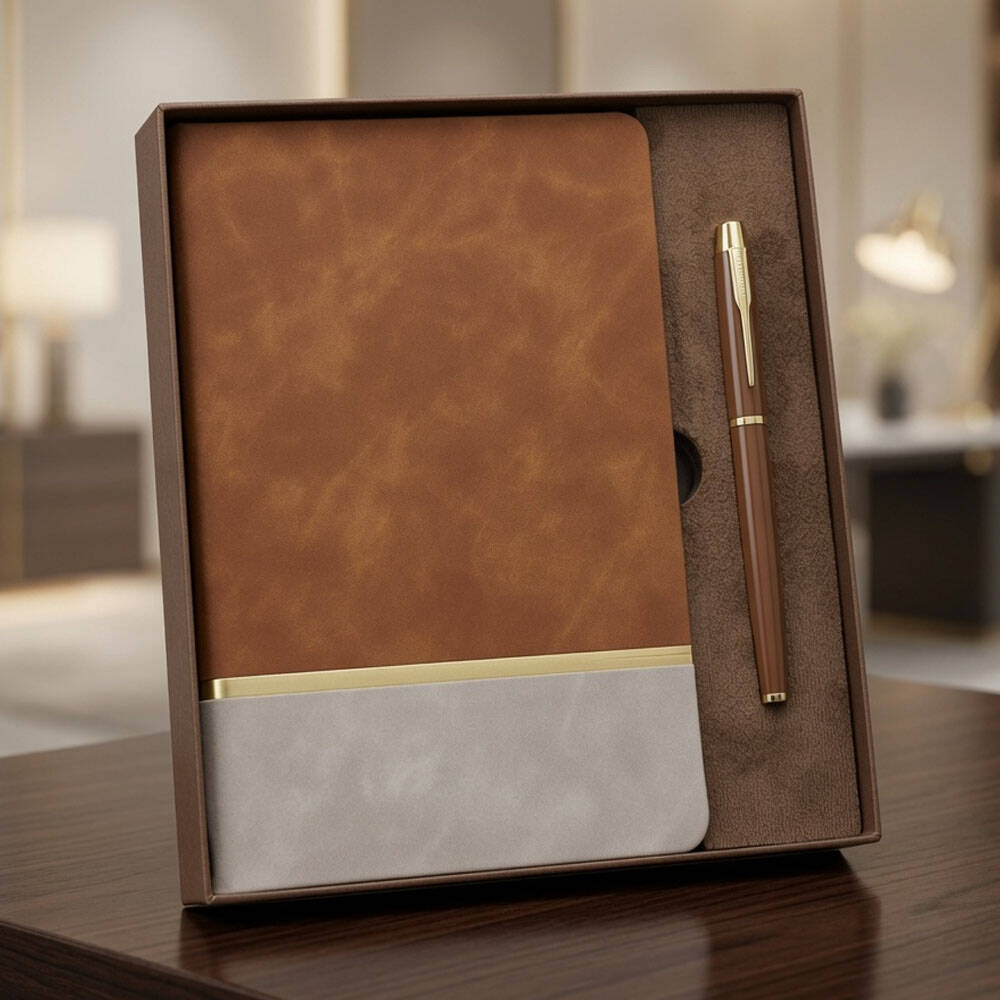 Kutulu Altın Şeritli Deri Defter Ve Kahverengi Metal Roller Kalem Set - 1
