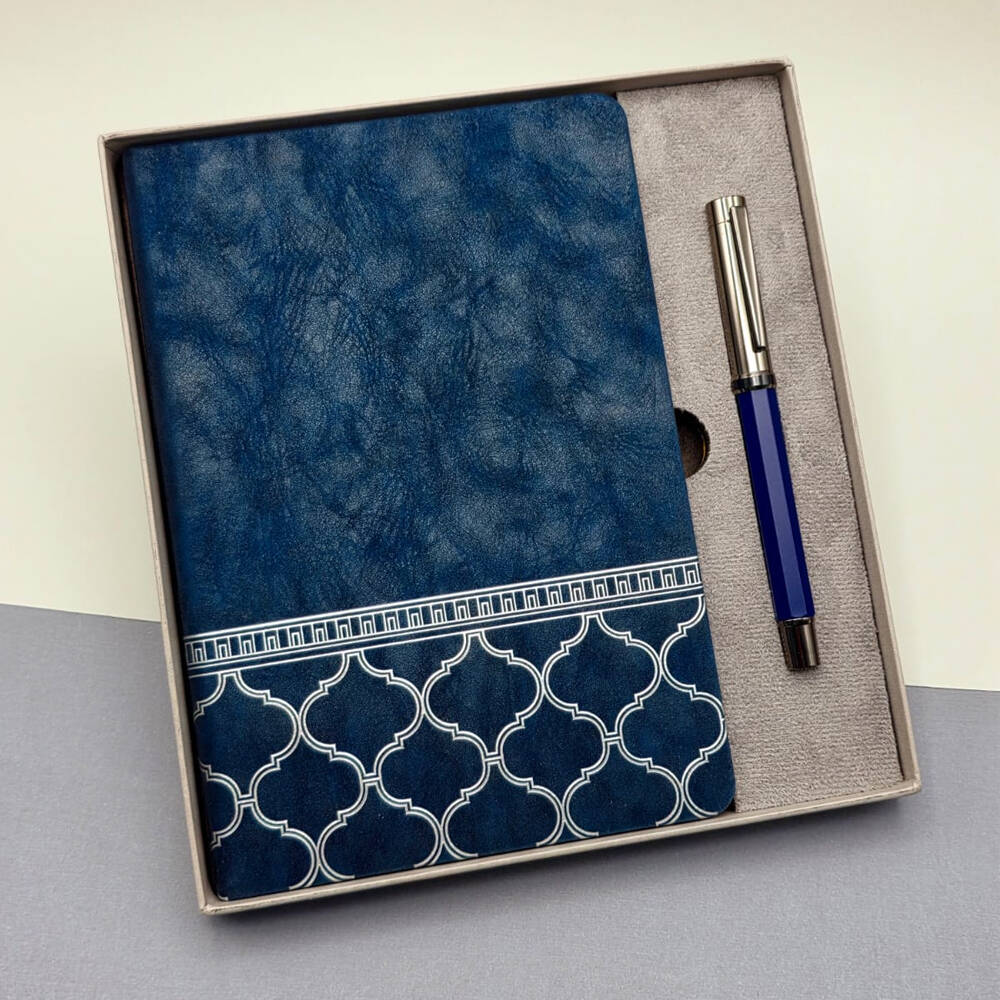 Kutulu Desenli Deri Defter Ve Metal Roller Kalem Set - 1