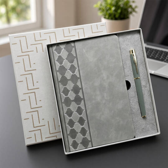 Kutulu Gri Defter Ve Metal Kalem Seti