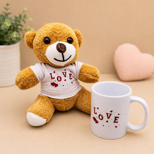 Love Baskılı Kahverengi Ayıcık Ve Kupa Seti