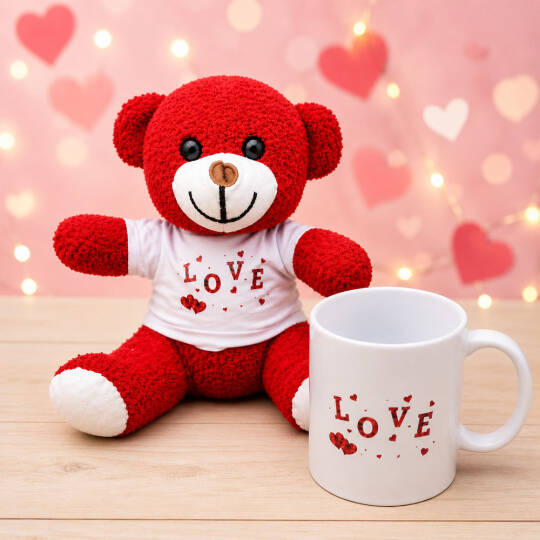 Love Tasarımlı Kupa Bardak Ve Kırmızı Ayıcık Seti