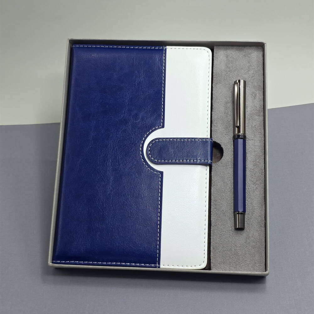Mavi Beyaz Deri Kapaklı Defter Ve Metal Kalem Set - 1