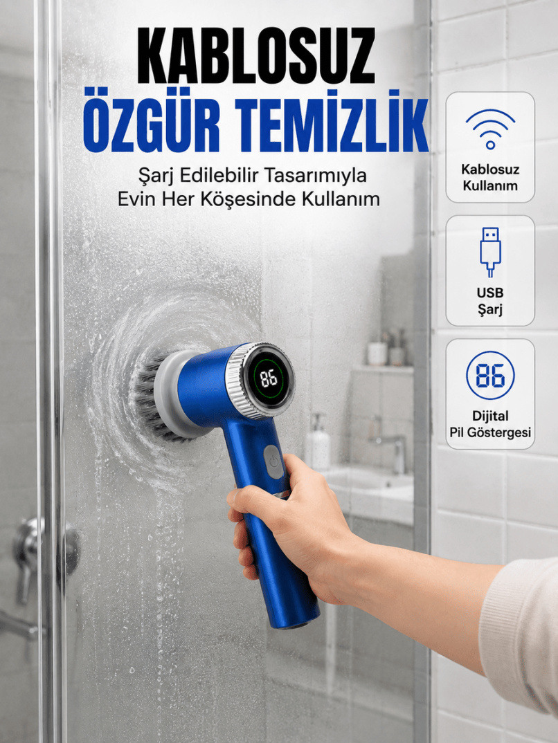 Mutfak, Banyo ve Fayanslar İçin Çok Amaçlı Elektrikli Temizlik Fırçası - 1