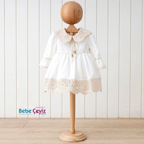 MYMİO BABY Ellbise Boncuklu Naturel Kız Bebe Yakalı