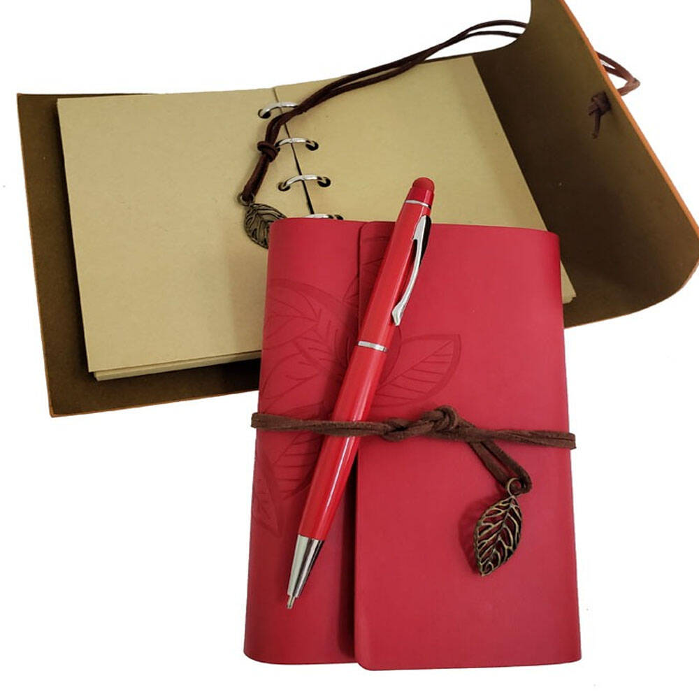 Özel Ahşap Kutulu Kırmızı Deri Defter ve Kalem Set - 2